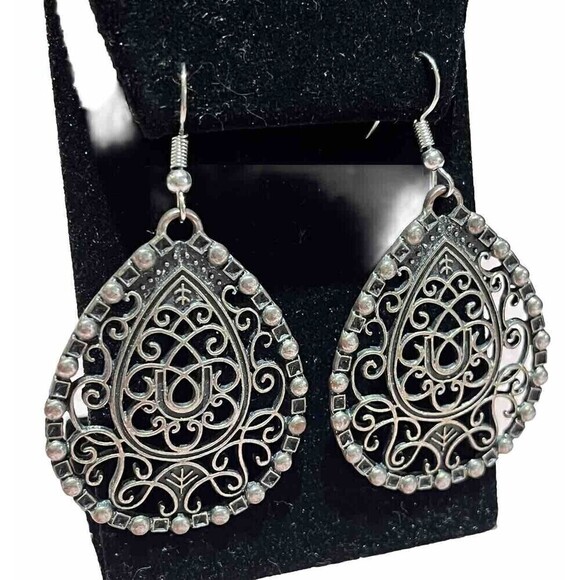 Pierced Earrings Silver Tone Filigree Mid Century Modernist Victorian Goth - Picture 2 of 9